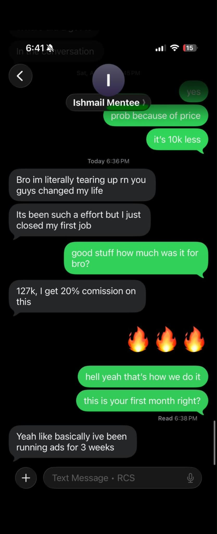 Student message: closed first job at $127K on 20% commission after three weeks of running ads