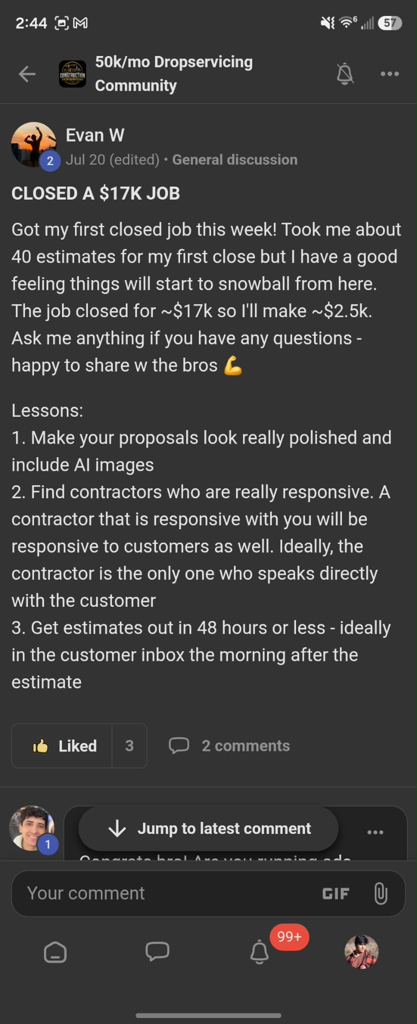 Community post: closed a $17K job for roughly $2.5K profit on the first close