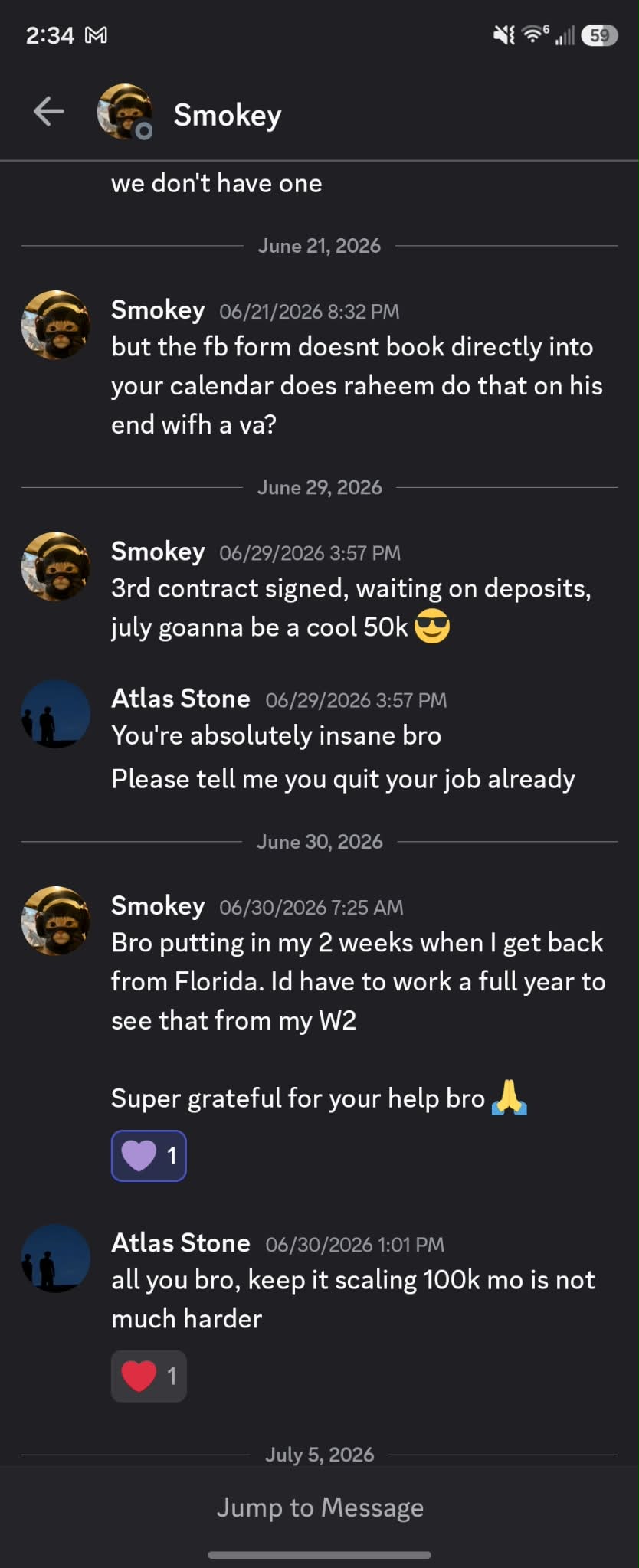 Student message: third contract signed, July on track for $50K, handing in his two weeks notice