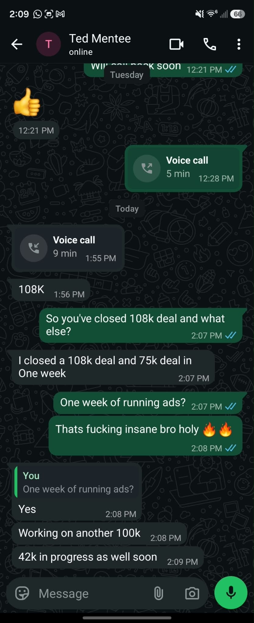 Student message: closed a $108K deal and a $75K deal in one week of running ads, with another $100K and $42K in progress
