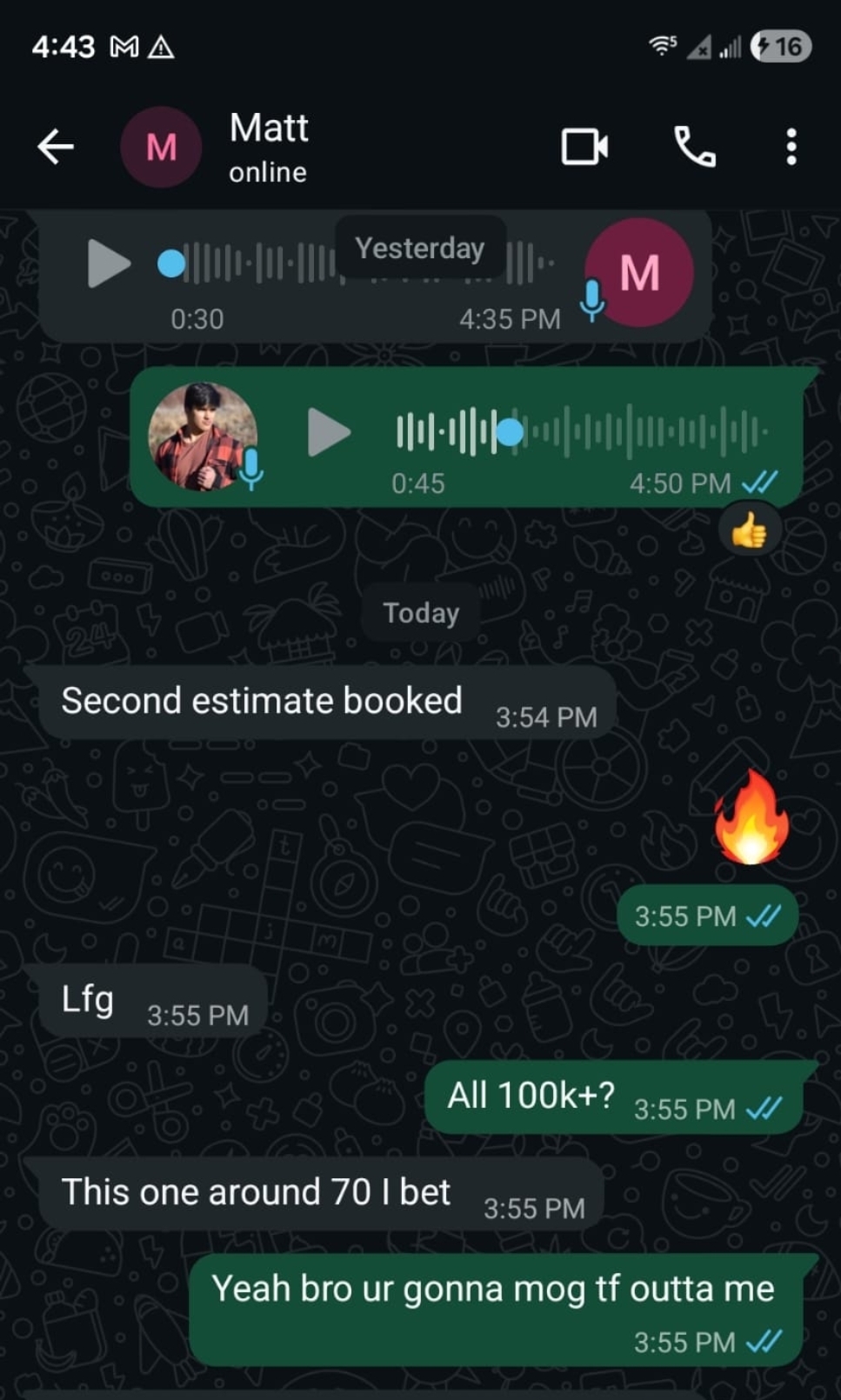 Student message: second estimate booked, 100K+ job