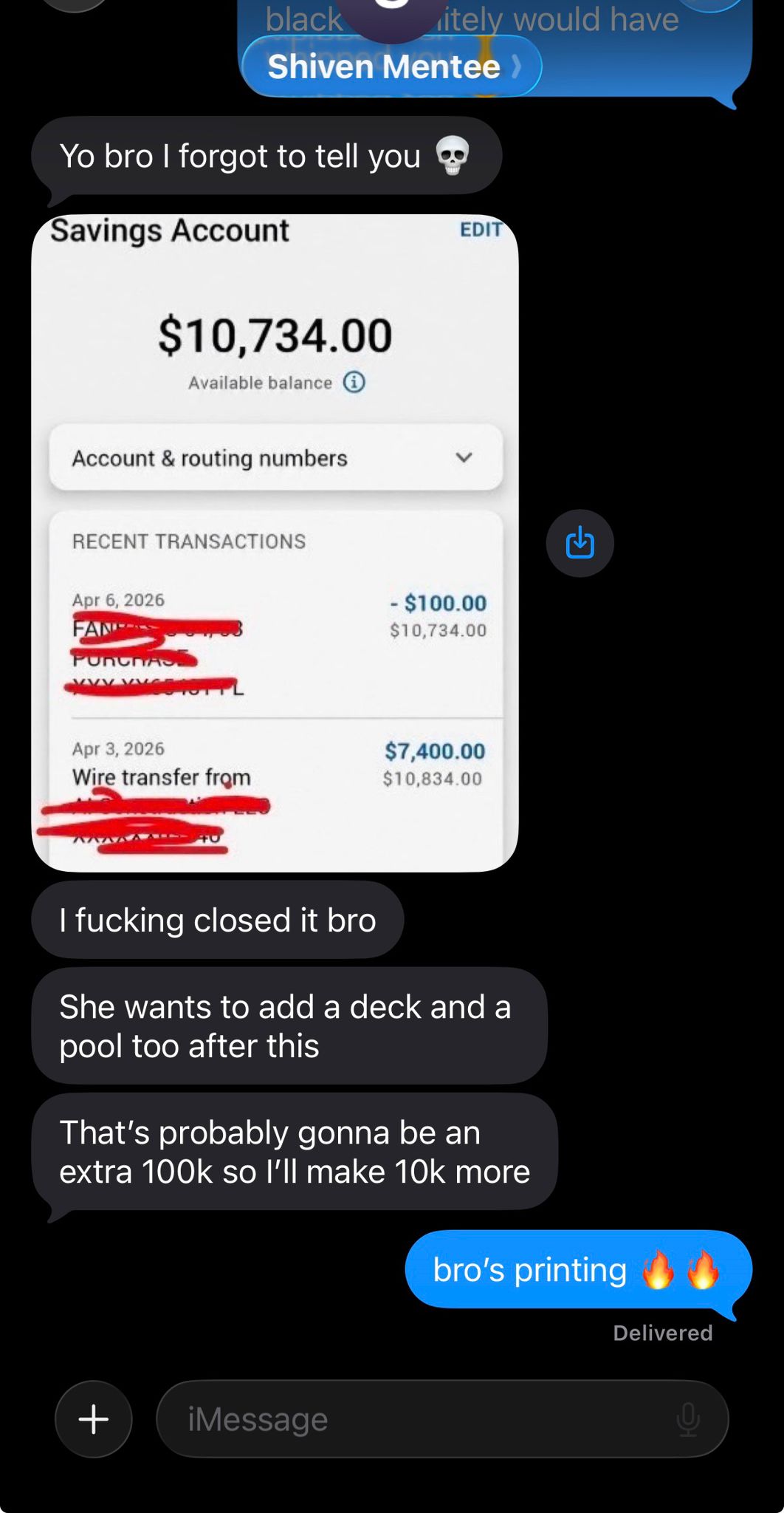 Student message: closed deal, $7,400 wire transfer received